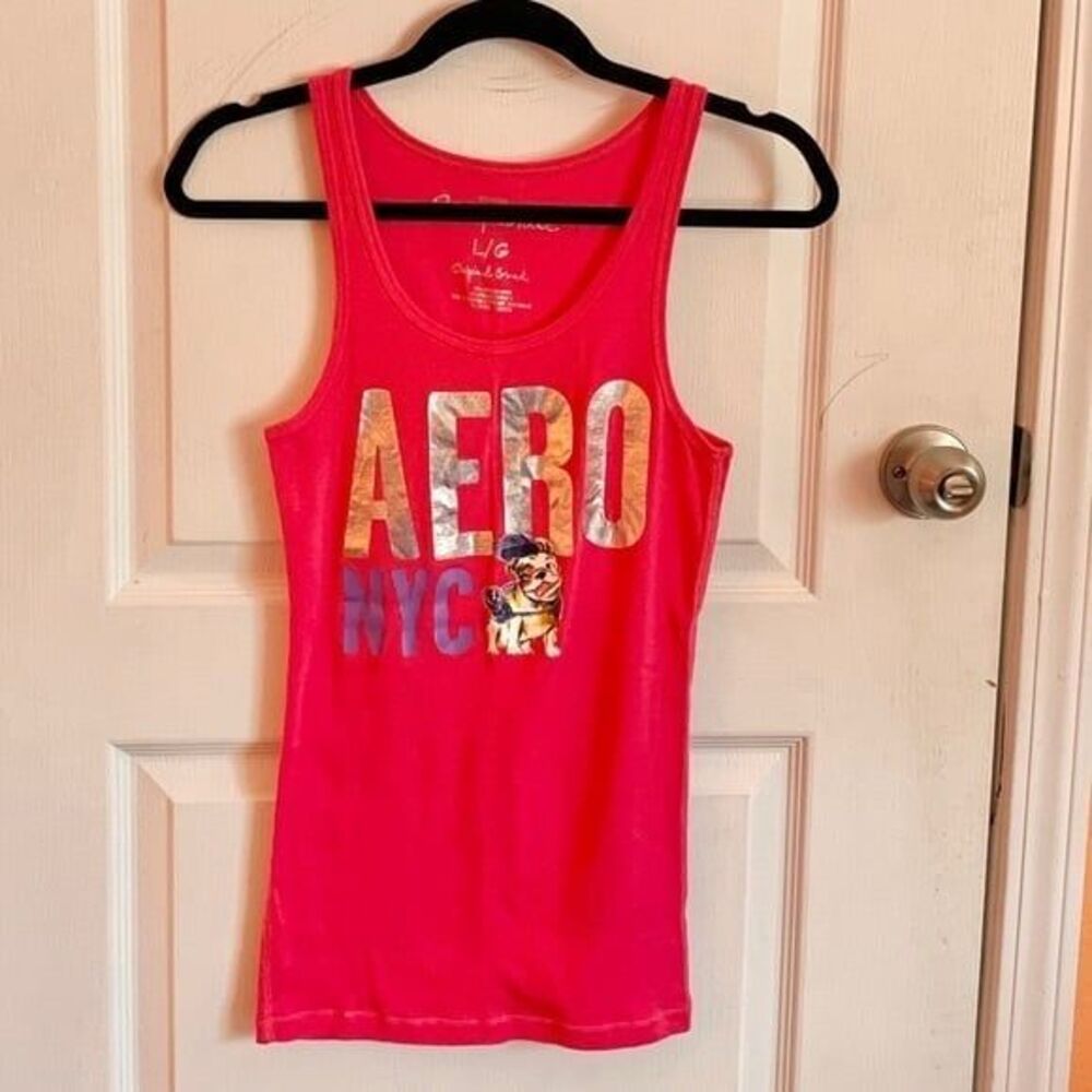 Aeropostale Original NYC Silver Metallic Logo Dog Bright Pink Tank Top Large